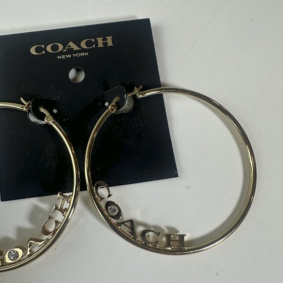 Coach Medium Hoop Earrings Gold Signature Logo Spellout Jewel Rhinestone - Picture 5 of 11